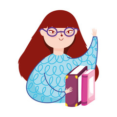 young woman wearing glasses and books literature, book day