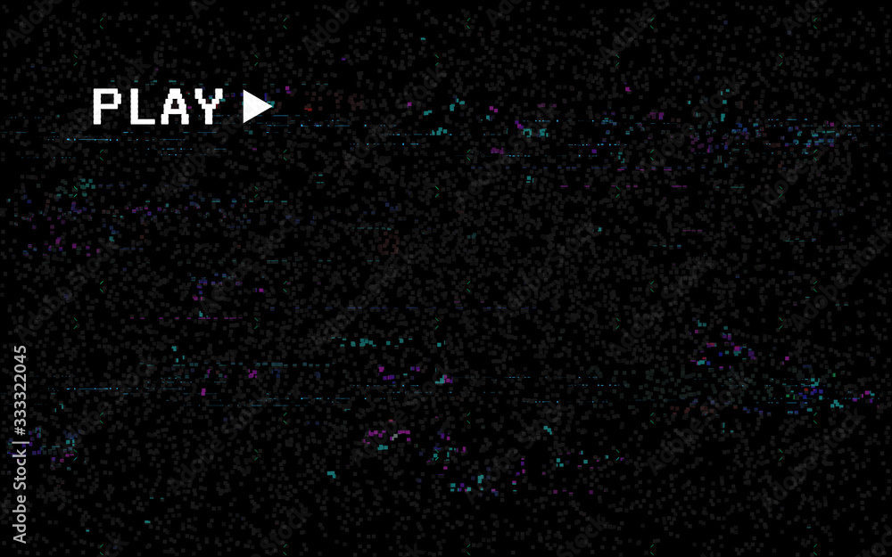 Poster glitch camera backdrop. vhs play template with random white distortions. video noise effect. tv prob