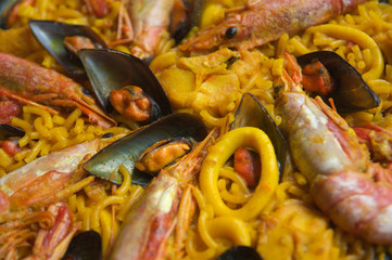 Fideuà dish, a plate of noodles, mussels and seafood