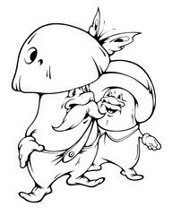 Two moustached mushrooms enthusiastically discuss the past warm rain in the forest