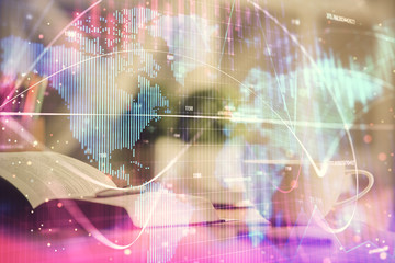 Double exposure of business theme drawing and desktop with coffee and items on table background. Concept of market trading