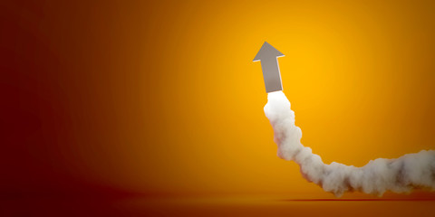 Wide banner of a rocket arrow with a lot of smoke, original 3d rendering