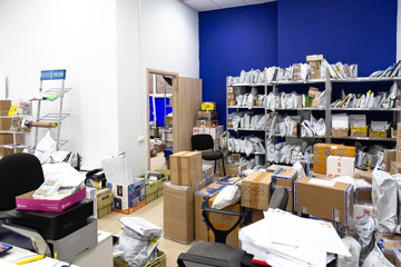 Moscow. Russia. Spring 2019. Russian post. The post office is littered with packages.
