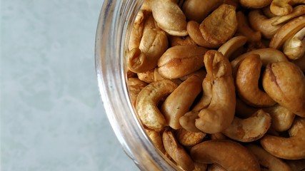 Delicious cashew nuts are in the jar