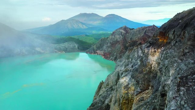 Aerial view of mountain Kawah Ijen volcano with blue acid lake. East Java, Indonesia