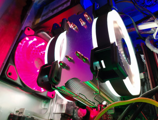 Modern computer air cooling with multi-colored led backlight-fans, cooling radiators, cables,...