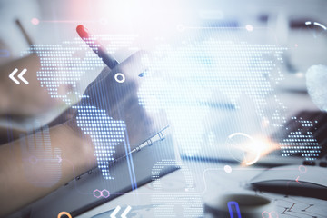 Double exposure of map drawing over people taking notes background. Concept of international connection