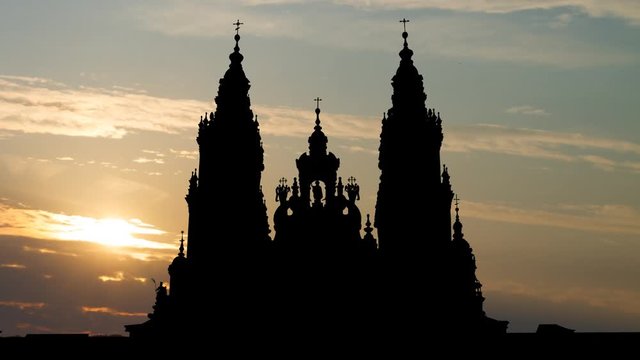 Cathedral of Santiago de Compostela: Time Lapse at Sunrise with Colorful Clouds, Famous for the Catholic Pilgrimage Route, Spain