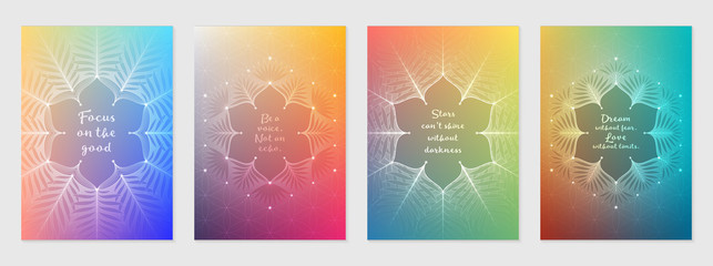 Vector set of cover, banner or poster templates with sacred geometry pattern "Flower of Life"; Colorful futuristic gradients; Shiny lotus and tropical palm leaves; Yoga, meditation and mindfulness.
