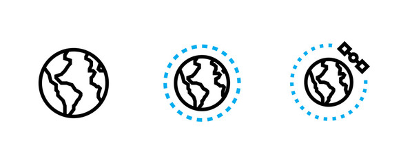 Obraz premium Earth Planet Globe, Around the World and Satellite icon. Editable Vector Stroke.