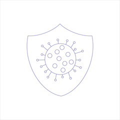 Icon of covid-19 molecule in centre of shild on white tones. Coronavirus Protection sign Illustration for news column, for banner or poster or textile