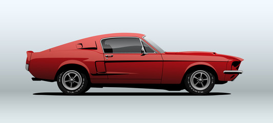 Red muscle car, view from side, in vector. - obrazy, fototapety, plakaty
