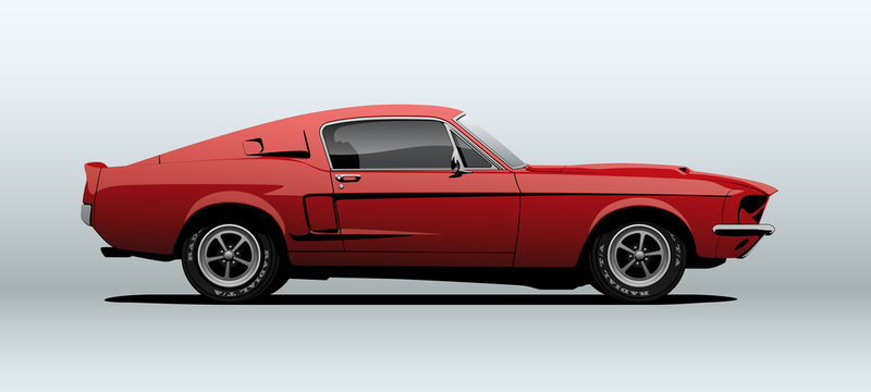 Red Muscle Car, View From Side, In Vector.