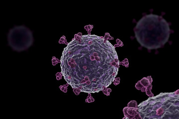 Corona virus COVID 19 microscope illustration. 3D render, black background