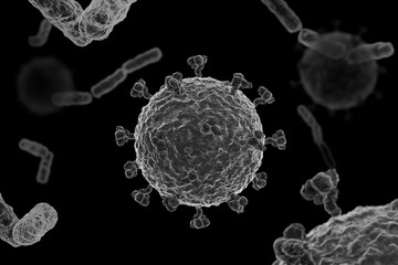 Corona virus COVID 19 microscope illustration. 3D render, black background