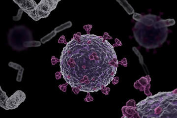 Corona virus COVID 19 microscope illustration. 3D render, black background