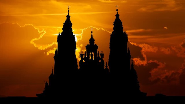 Santiago de Compostela: Time Lapse at Sunset with Red Clouds, Fiery Sky and Silhouette of Cathedral, Spain