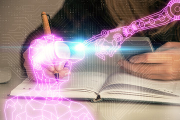 Double exposure of woman hands typing on computer and man in AR glasses drawing. Education concept.