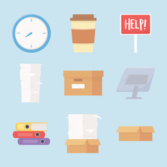 stress office work clock coffee cup paperwork computer icons