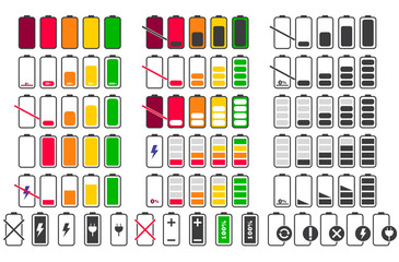Battery charging logo. set icons Cell phone battery signal indicators isolated on white background. Charge power level, smartphone accumulator energy status. Collection of device charge process icons
