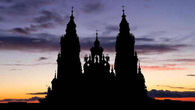 Cathedral of Santiago de Compostela; Time Lapse at Twilight , Spain