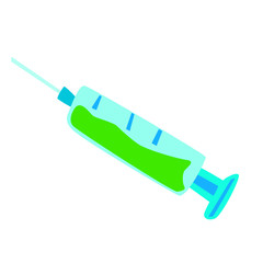 Flat style fluid syringe. Medical tool with a green vaccine. Graphic vector element for design, logo, icons and banners. Stock medical illustration on a white background.