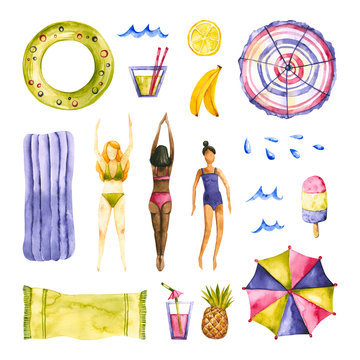 Set of watercolor summer girls and items. Hand drawn illustration is isolated on white. Painted vacation collection is perfect for travel design, social media background, fabric textile
