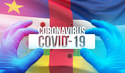 Fototapeta na wymiar Medical Concept of pandemic Coronavirus COVID-19 outbreak with backgroung of waving national flag of Central African Republic. Pandemic 3D illustration.