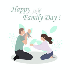 Family Day Greeting Cartoon Card. Father, Mother and Baby Sitting on the floor. Vector Flat Illustration