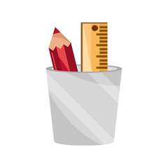 pencil and ruler in cup supply study school education isolated icon