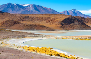 The Lagoon of Canapa with flamingos in the distance, Uyuni salt flat desert region, Andes mountain...