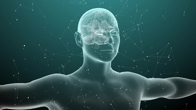 Digital data and network connection of human brain. 3D animation.