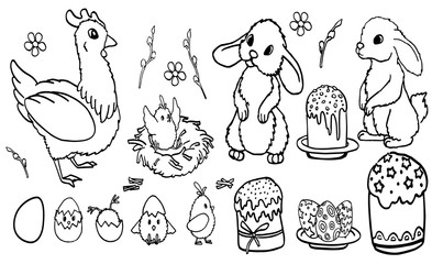 Black line sticker set on white isolated backdrop. Easter symbols for invitation or gift card, notebook, bath tile, color book. Phone case or cloth print. Cartoon style stock vector illustration