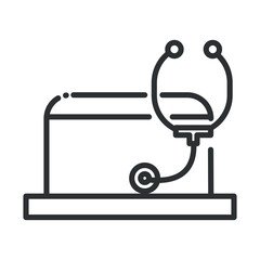 online health, laptop computer stethoscope analysis covid 19 pandemic line icon