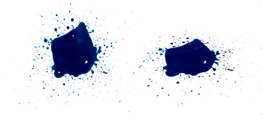 abstract blue ink of stain or splash blue watercolor paint and liquid Ink splash splatter is calligraphy of scatter watermark line brush for concept design isolated on white background, clipping path.