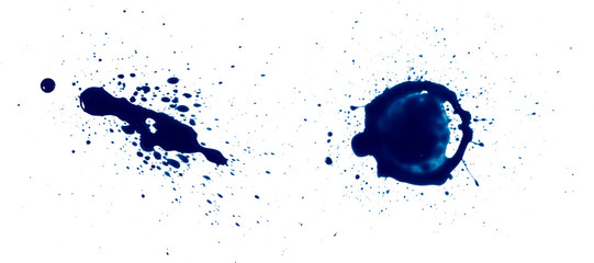 abstract blue ink of stain or splash blue watercolor paint and liquid Ink splash splatter is calligraphy of scatter watermark line brush for concept design isolated on white background, clipping path.