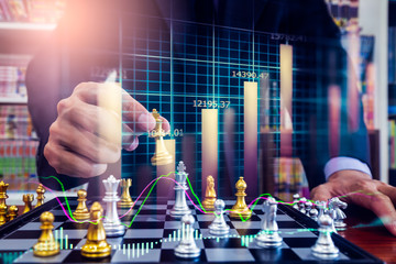 Chess game on chess board on stock market or forex trading graph chart for financial investment concept. Economy trends for digital business marketing strategy analysis. Abstract finance background. - obrazy, fototapety, plakaty