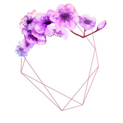 Cherry blossom, cherry blossom Branch with bright pink flowers on a geometric frame on an isolated white background. Image of spring. Watercolor illustration.