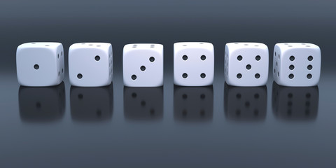 Set of dice in a raw from one to six 3d render