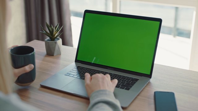 Woman's hand typing and surfing internet on green screened laptop. Female hands typing on a green screen laptop on the desk with coffe and smtphone near the window