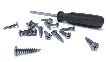 Several drywall screws on a white background 3d render