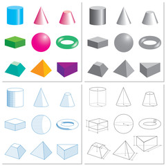 Set of volumetric geometrical colored shapes. Drawing, scheme, sketch