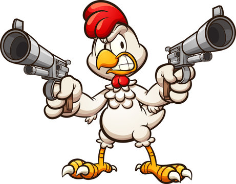 Angry cartoon chicken holding a couple of revolvers. Vector clip art illustration with simple gradients. All on a single layer.