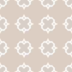 Vector ornament seamless pattern in Arabian style. Elegant damask texture with simple geometric flower shapes, curved lines. Abstract background in pastel colors, white and beige. Decorative design