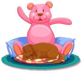Scene with dog sleeping with big teddy bear