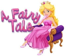 Abwaschbare Fototapete Mädchenzimmer Schriftdesign für Wort ein Märchen mit schöner Prinzessin sitzend