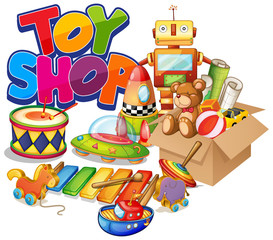 Obraz premium Font design for word toy shop with many toys on white background