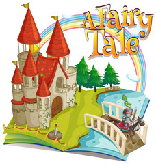 Font design for word a fairy tale with big castle and knight in background