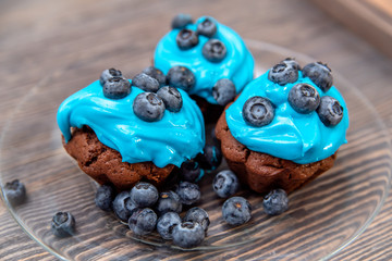 three homemade cupcakes with blue cream on a transparent plate close-up. Sweet dessert with blueberries