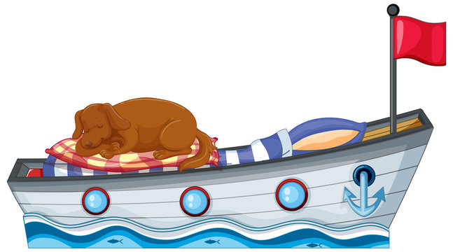 Scene with little dog sleeping on the boat bed